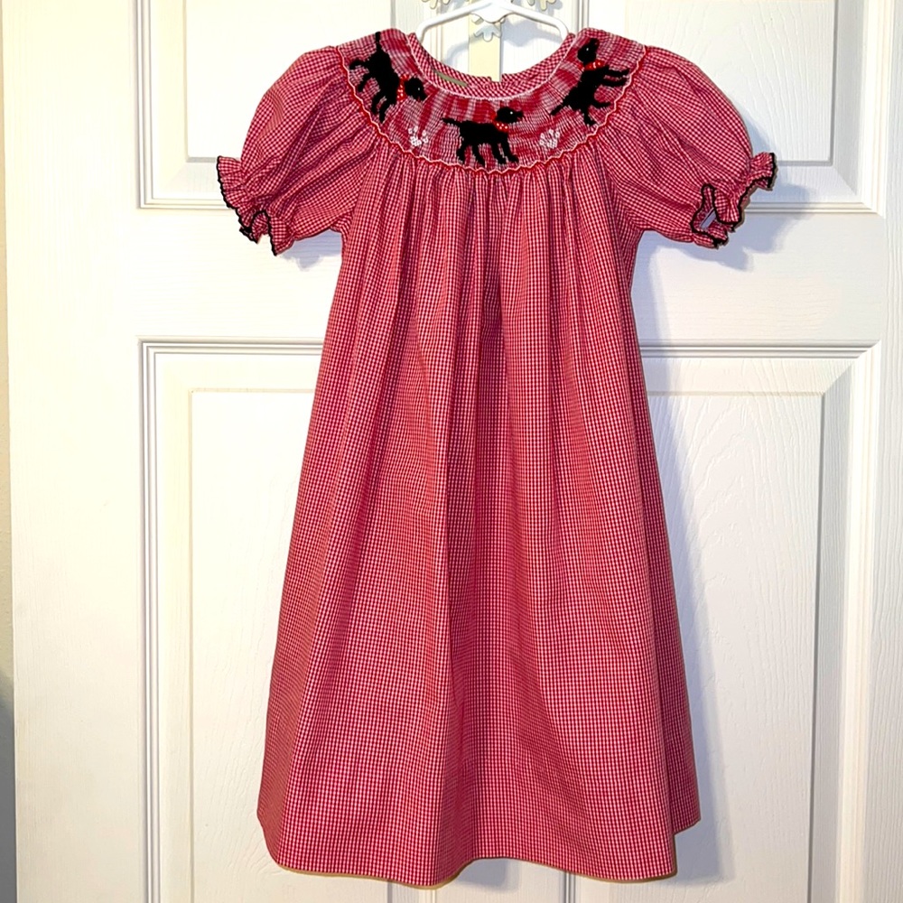 Velani Classics girls size 2 red check dress with Smock Black Labs.